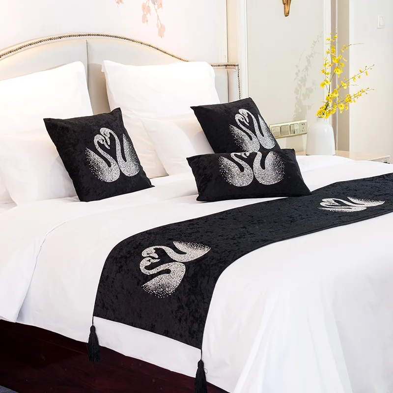 Fashion High Quality Velvet Bed Flag Swan Hot Drilling Hotel Cupboard Table Runner Decor Home Parlor mat Pillowcase