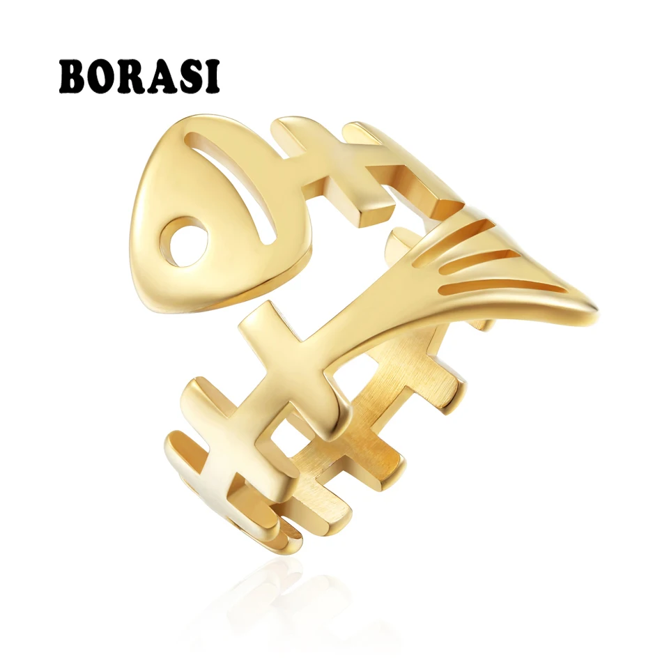 BORASI New Arrivals Fishes Rings For Women Girls Gift Wedding Brand Animal Punk Stainless Steel Gold -Color Ring Jewelry Gift