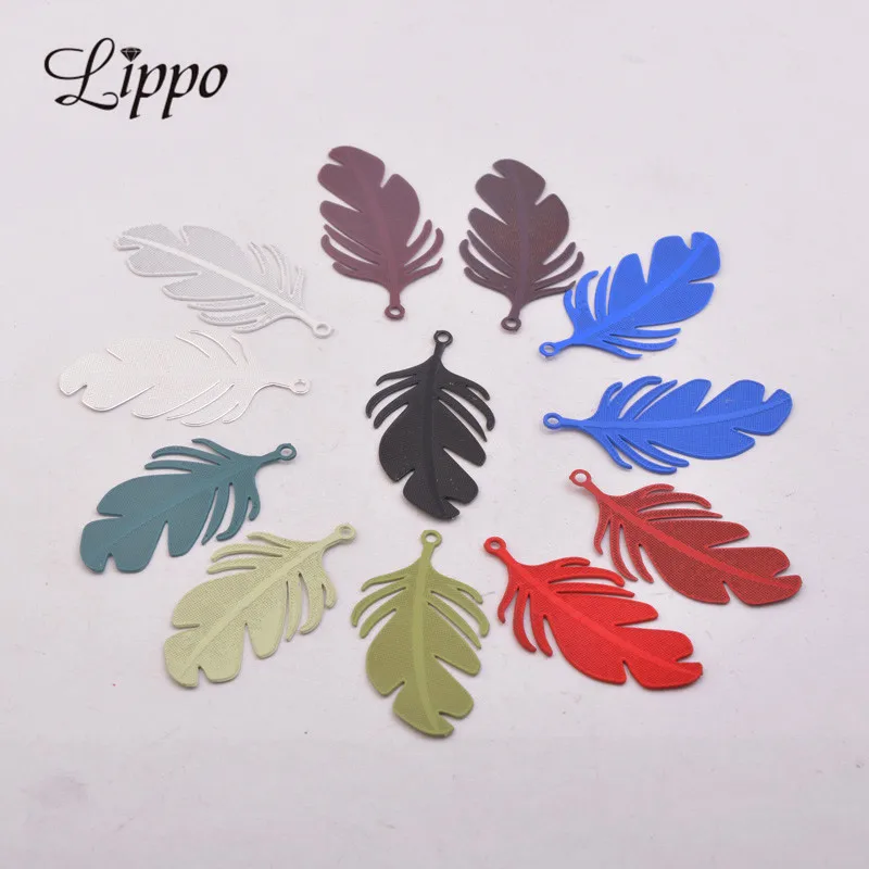 50pcs AC10612 16*30mm Brass Feather Charms Matte Red Green Purple Pendant Jewelry Filigree Earrings Findings