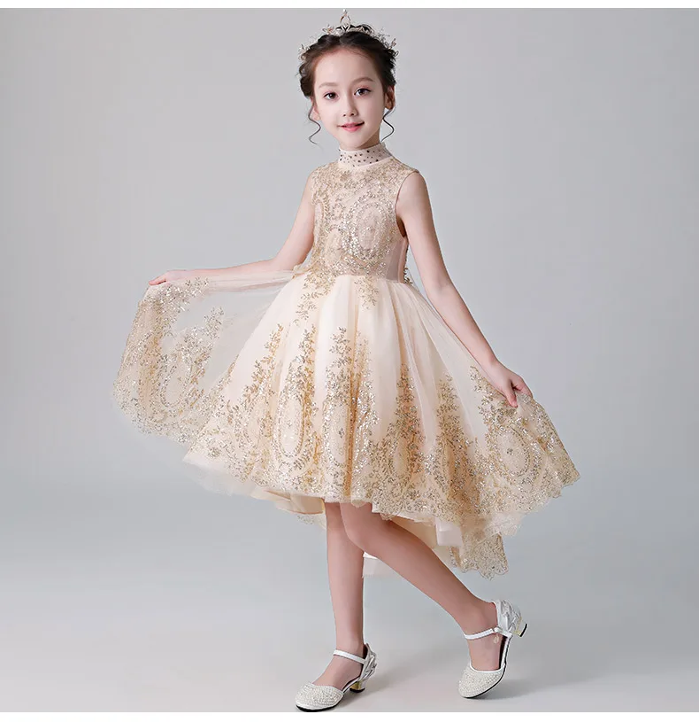 Gold Lace Flower Girl Princess Dress High Low Party Wedding Girls Dresses Toddler Kids Party Wear Girl First Communion Gowns