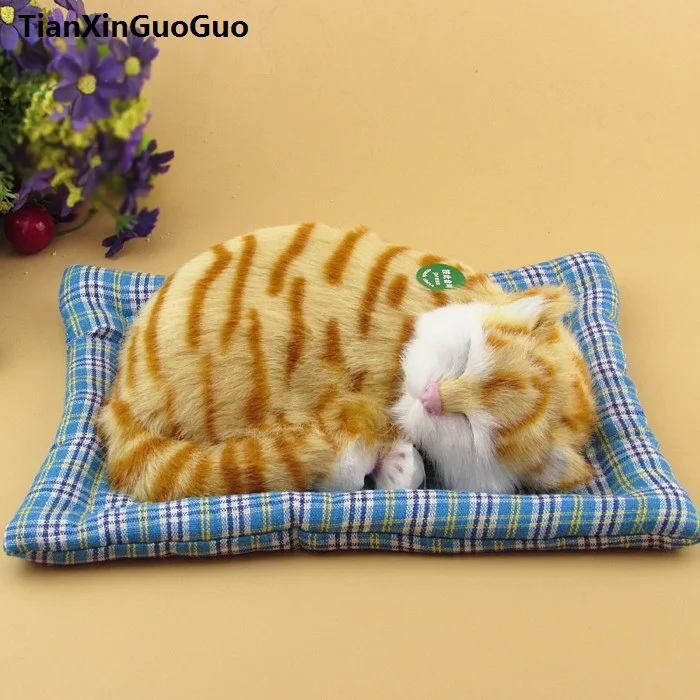 

large 25x20cm yellow sleeping cat hard model polyethylene&furs sounds miaow cat with mat ,home decoration toy gift s1796