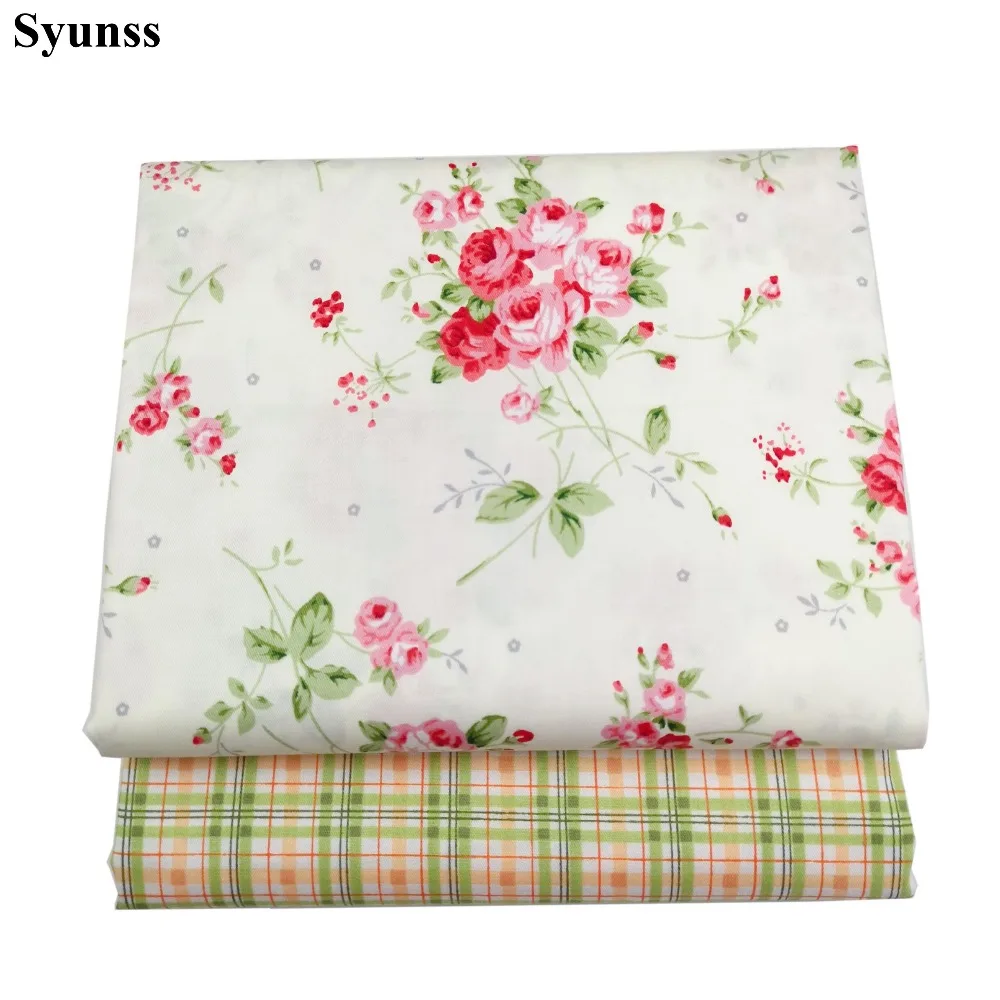 Syunss-floral print cotton fabric, pink, green, grid, DIY, handmade, sewing, patchwork, bedding, quilting, Tilda