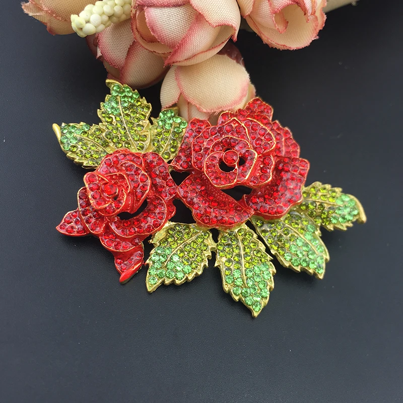 50pcs/lot Womens Jewelry Red Rose Flower Crystal Rhinestone Brooch Pin Gold Tone