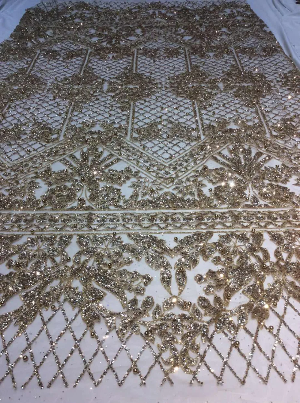 

ap223# 5 yards champagne gold pearls sparkly hand print glued glitter net tulle mesh sugar bridal lace fabric for sawing dress