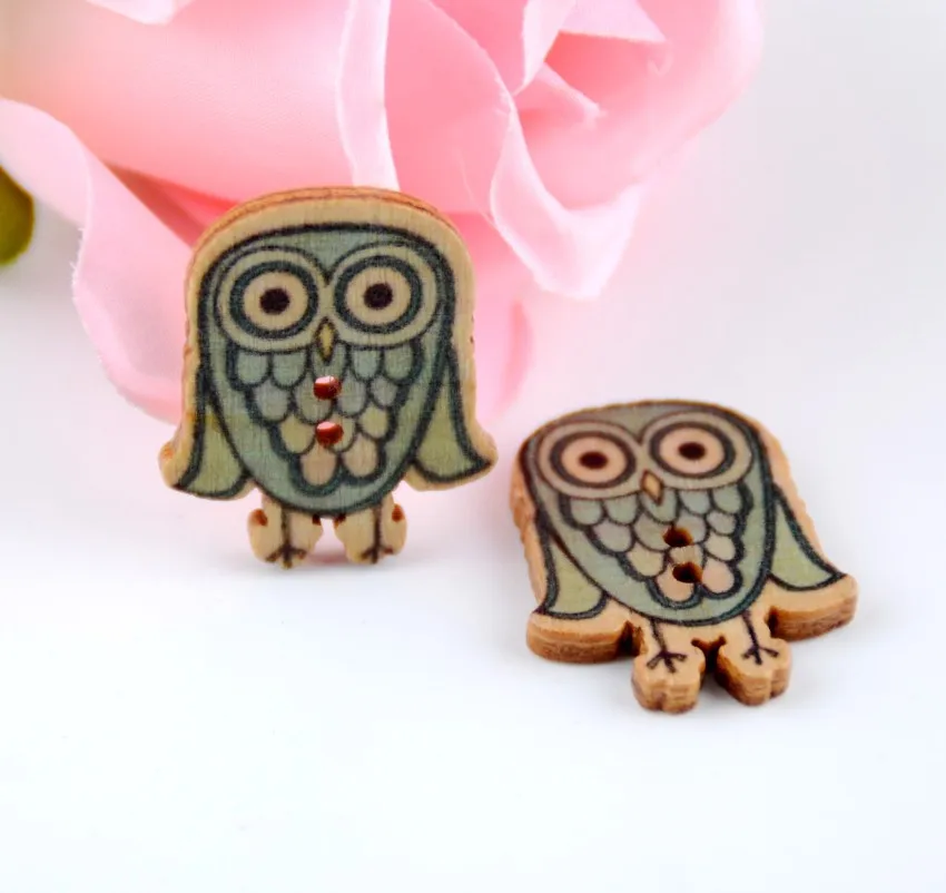 Free shipping -2015 New 50pcs Mixed 2 Holes Cartoon Owl Animal Pattern Wood Sewing Buttons Scrapbooking 24x30mm J1497