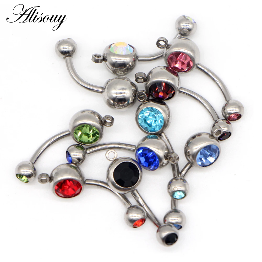 Alisouy 10pcs/lot Crystal Belly Button Rings Belly Bar Rhinestone Piercing Navel Ring For Women Body Jewelry with DIY hole style