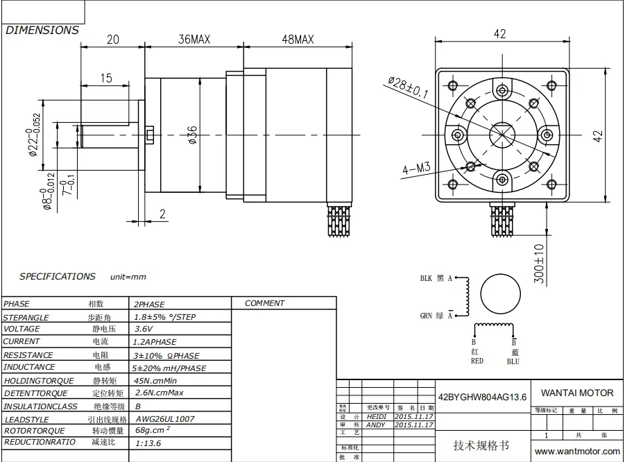 Wantai Stepper Geared Motor 42BYGHW804AG13.6with 1:13.6 ratio 1.2A 499oz-in CNC planetary Gearbox