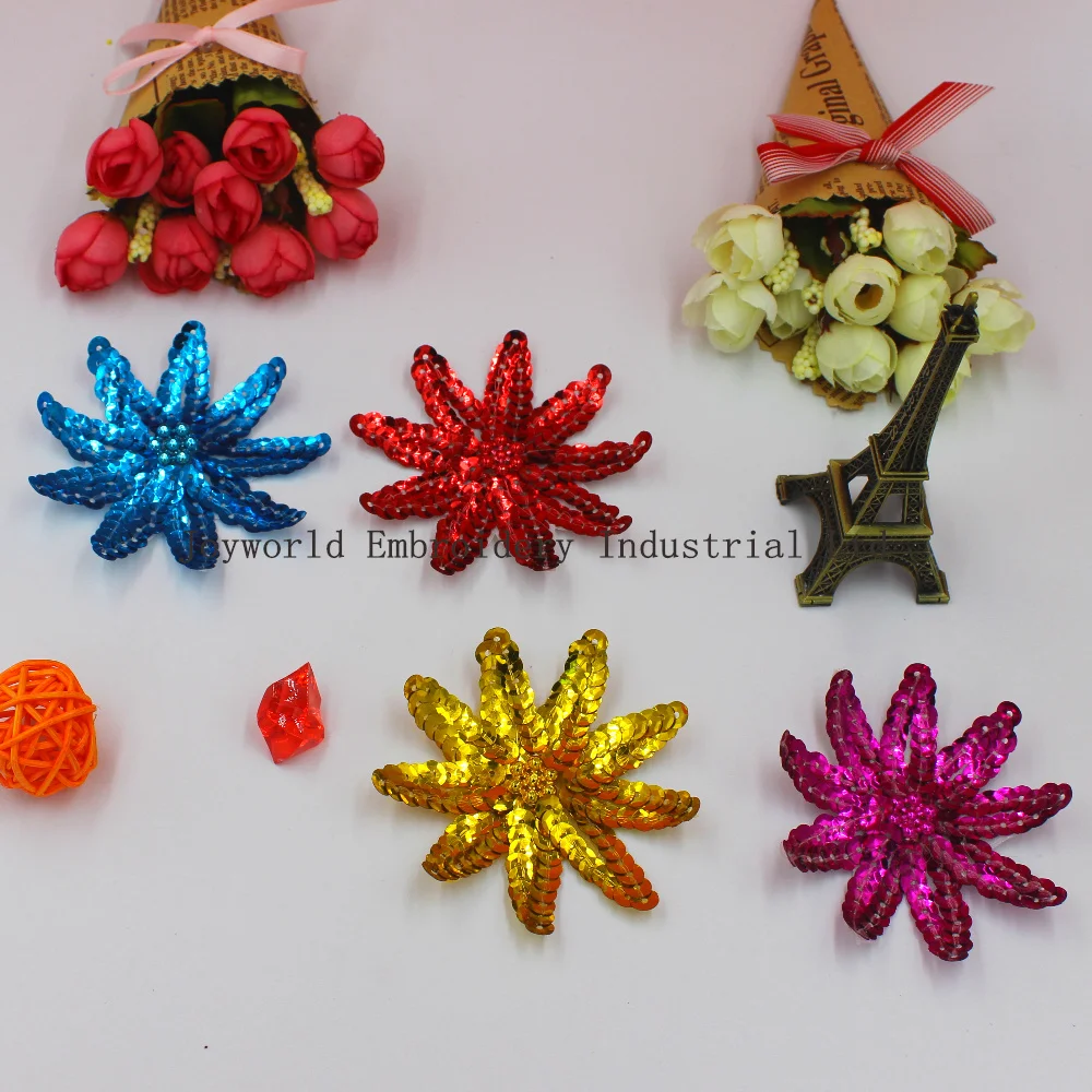 10 Pcs Sequined Flower Applique Gold And Silver Sewing Flower Beads Embroidery Patches 7*7cm