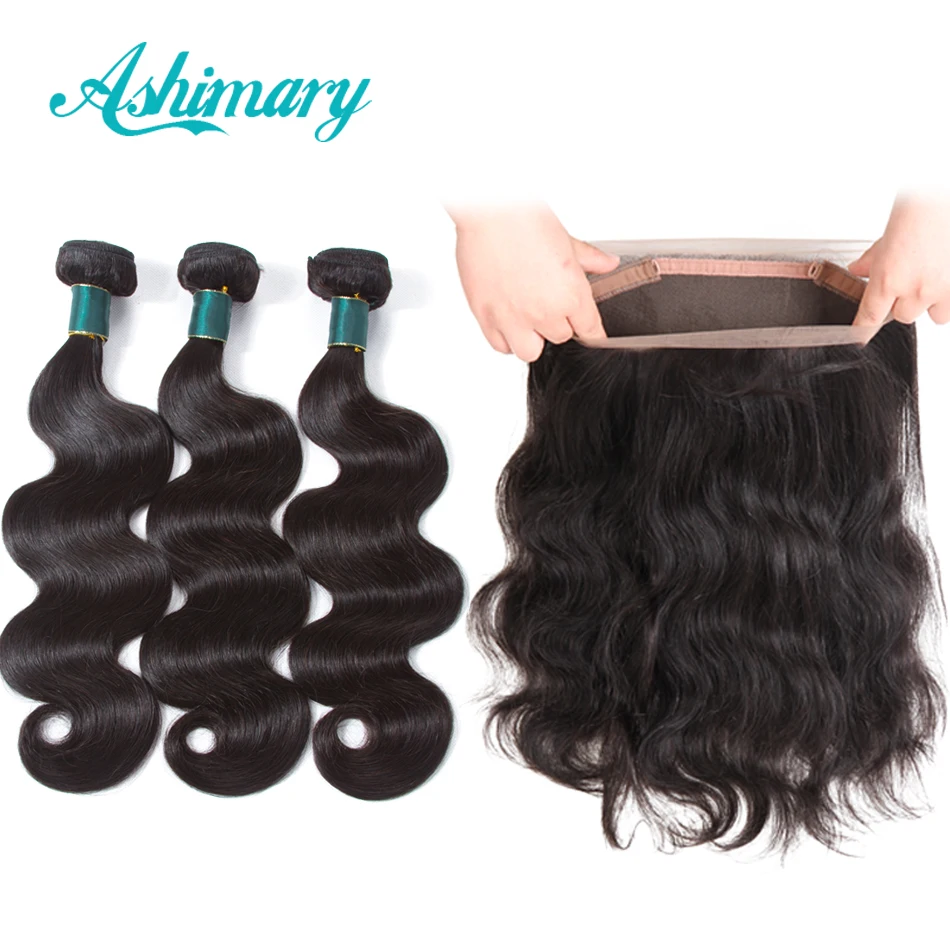 

Ashimary 360 Lace Frontal Closure with Bundles Brazilian Body Wave Human Hair 360 Lace Frontal with Bundle Remy Hair Weaves