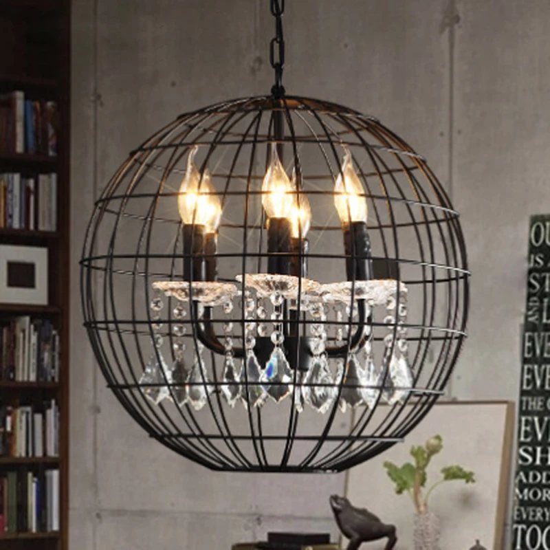 

American retro iron cage hanging chain ball pendant lamp nostalgic restaurant crystal decorative LED lighting Fixture