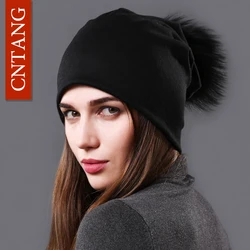 CNTANG Nữ Tự Nhiên Gấu Trúc Lông Pompom Nón Beanies Thu Đông Ấm Chắc Chắn Mũ Lưỡi Trai Nữ Thời Trang Cotton Skullies Mỏng Nón