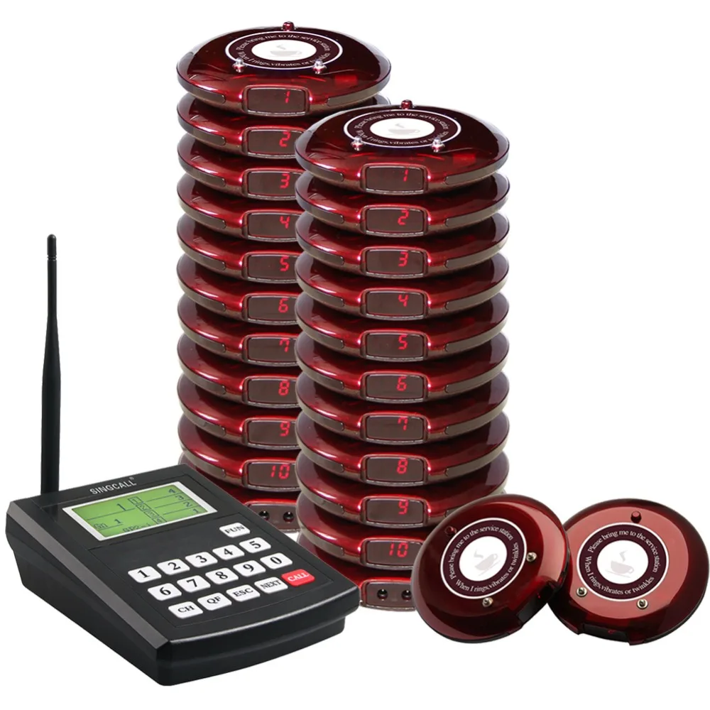 SINGCALL Coaster Paging System, Wireless Queuing Set 1pc Transmitter and 20 Pagers for Food Restaurant Cafe