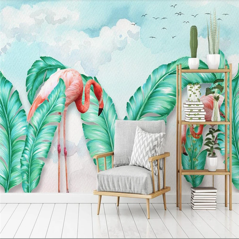 wellyu Northern Europe simple hand-painted tropical leaves flamingo TV background wall custom large mural wallpaper