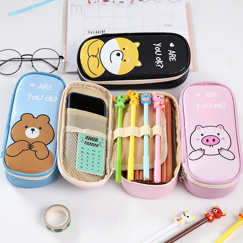 Boîte à crayons de grande capacité en PU, Animal de dessin animé, sac à crayons pour filles et garçons, fournitures scolaires et de bureau de papeterie