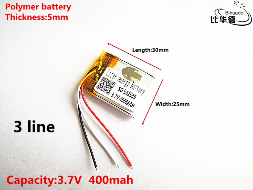 5pcs/lot 3 line Good Qulity 3.7V,400mAH,502530 Polymer lithium ion / Li-ion battery for TOY,POWER BANK,GPS,mp3,mp4