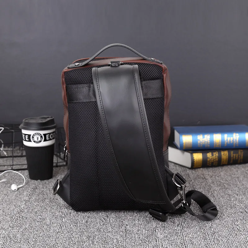 Leather Mens Chest Pack Sling Bag Single Shoulder Bag Large Capacity Handbag Male Messenger Chest Bag Bolsas Masculina Coffee