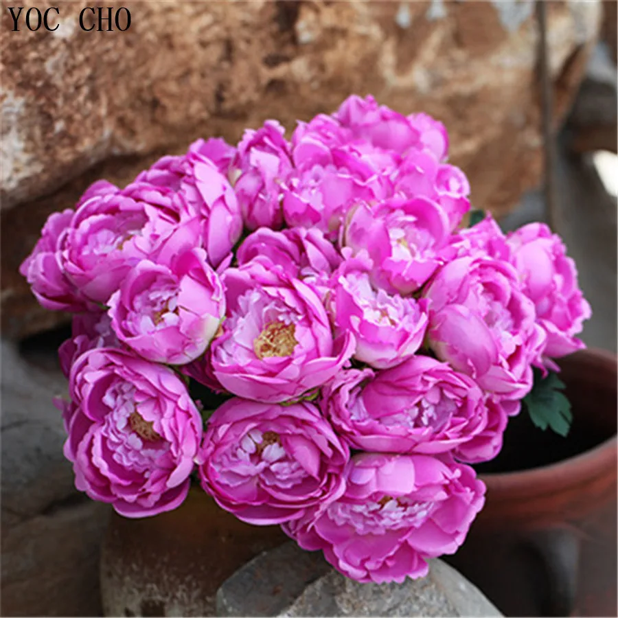 Artificial peony bouquet silk roses Wedding decor fake flower peony real touch roses bridal bouquet Home Party Decor (12 head)