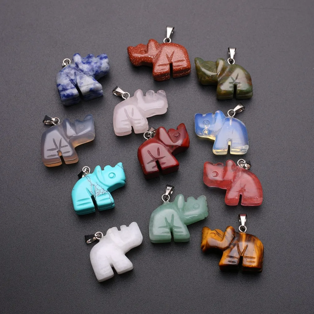 12pcs Carved Rhinoceros Health Care Natural Crystal Quartz Stone Onyx Reiki Healing Charm Rhino Pendants for Jewelry Making Free