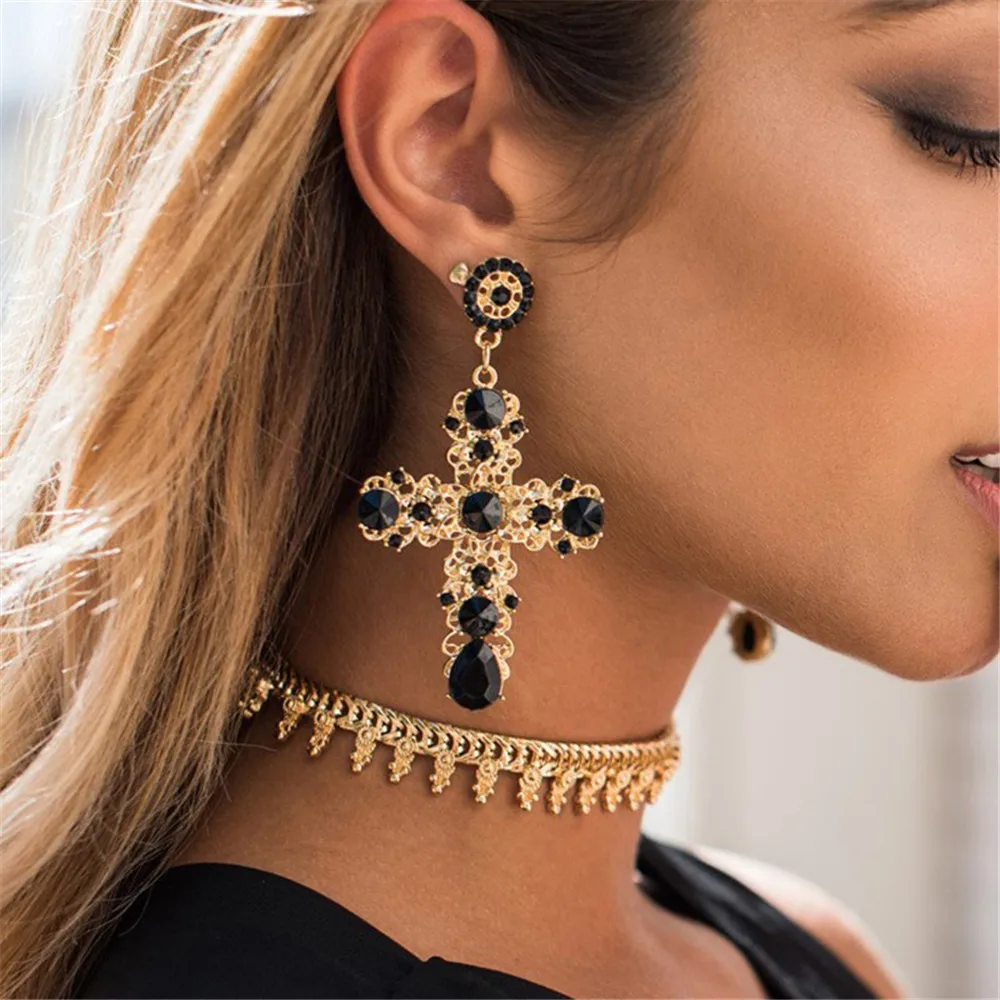 New Arrival Vintage Black Crystal Cross Drop Earrings Women Pink Baroque Bohemian Large Long Earrings Jewelry Brincos