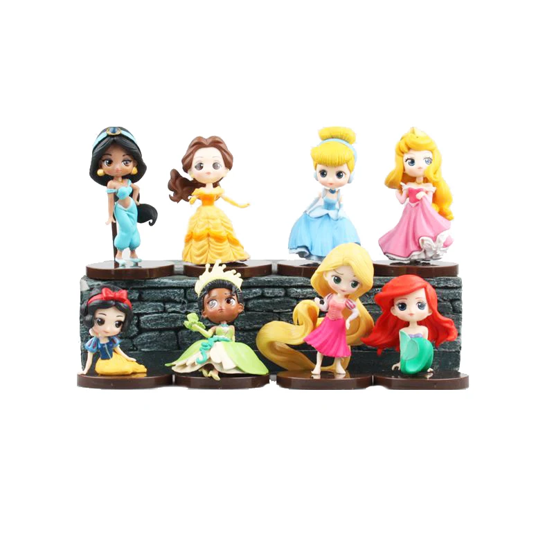 8-9cm 8 pçs/set Q Posket Princesa Tiana Branca de Neve Rapunzel Ariel Cinderela Belle Sereia PVC Figuras de Ação Modelo Brinquedos Presente Do Miúdo