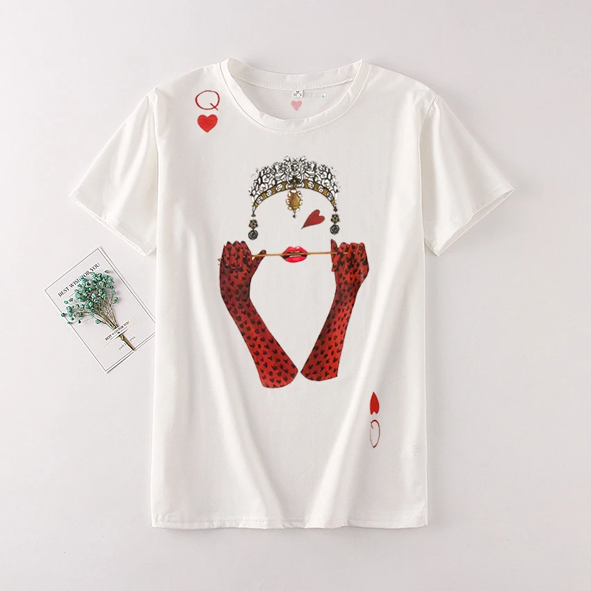 

Zuolunouba Summer Knitted Cotton Short Sleeve T-shirts Women Cartoon Red Heart Q Print Harajuku O-neck Casual Tees Tops