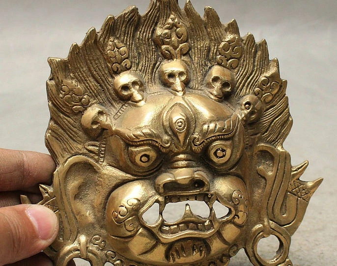 Tibet Buddhism Temple Brass Mahakala Head Mask Buddha Face Statue Sculpture 15.5cm