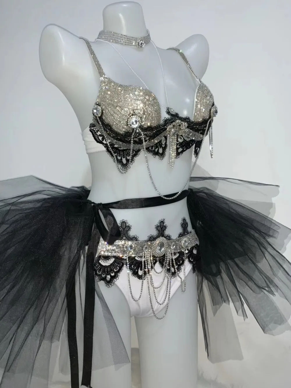 Sparkly Rhinestones Black White Gauze Skirt Bikini Set Music Festival Bar Party Nightclub Costume DJ DS Dance Stage Outfits