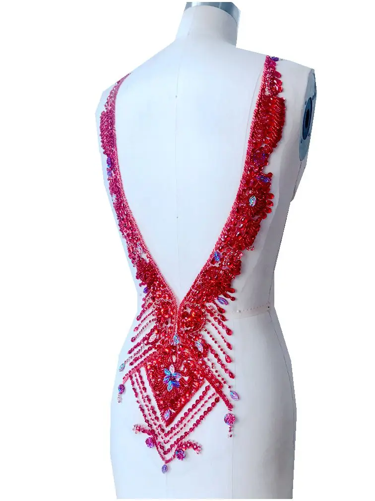 

hand made sew on red Rhinestones applique on mesh crystal patches trim 59*30cm for dress accessory