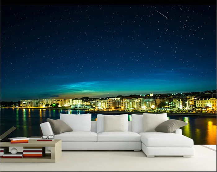 

The latest 3D murals,3D Overlooking the beach at night, living room TV sofa bedroom background wall paper