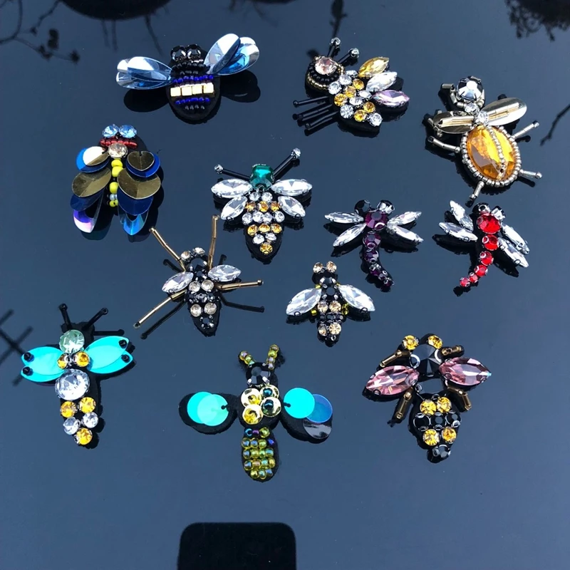 Rhinestone glass bead bee embroidery patch, diy accessories clothing decoration paillette ant applique patch