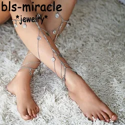 Bls-miracle Summer Bohemian Style Foot Jewelry Punk Vintage Silver Color Coin Shape Tassel Anklet Gift For Women Beach A-53