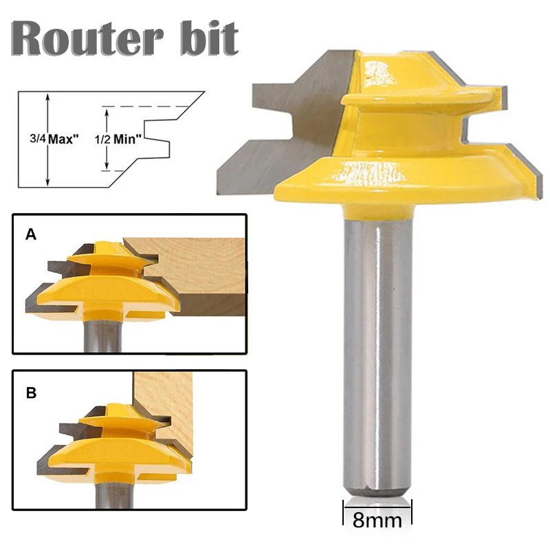 Woodworker Lock Miter Router Bit 45 Degree Width 8*1-1/2 Woodworking Drill Bit 8mm Shank Tenon Cutter Woodwork Milling Cutters