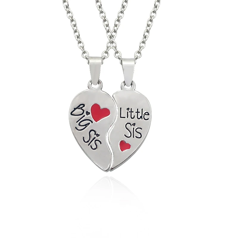2 PC/Set  Big Sis Lil Sis Big Sister Little Sister Alloy Pendant Necklaces Red Heart Stitching Good Sisters Necklace For Women image 3