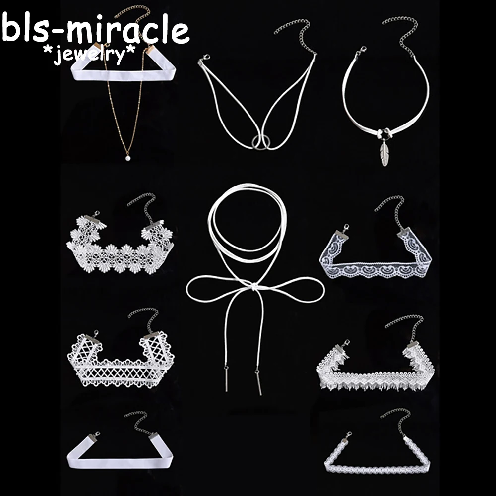 1 Set=10 Pieces Newest  Fashion Jewelry Accessories White Color  Mix Shape Lace Tattoo Choker Necklace For Couple Lovers\'  N405