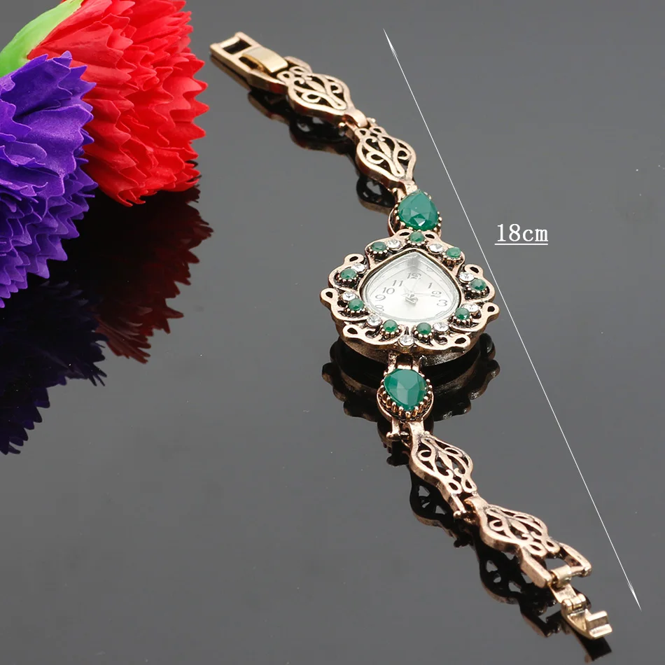 Sunspicems Vintage Turkish Green Resin Charm Bracelets Watch For Women Spring Flower Jewelry Quartz Watch Antique Bronze Color