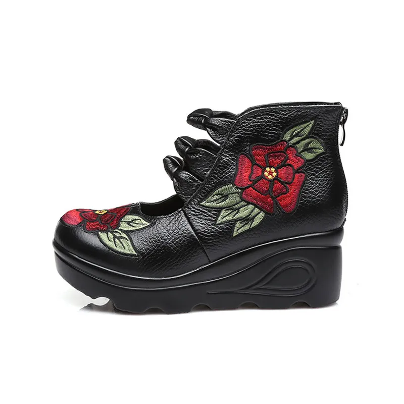 Xiuteng 2022 Women Flower andals Shoes Slope Casual Leather Shoes Fashion  Embroidered Ladies Vintage Waterproof Platform Shoes