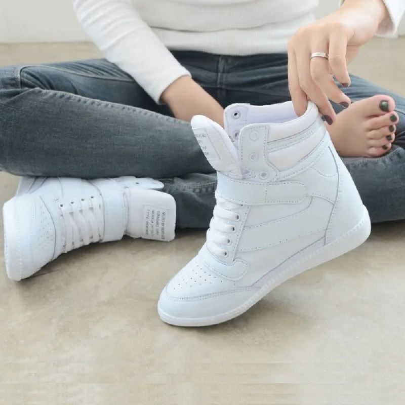 Women Sneakers Women Casual Shoes Platform Hidden Increasing Sneakers Breathable Leather Shoes High Top White Sneakers