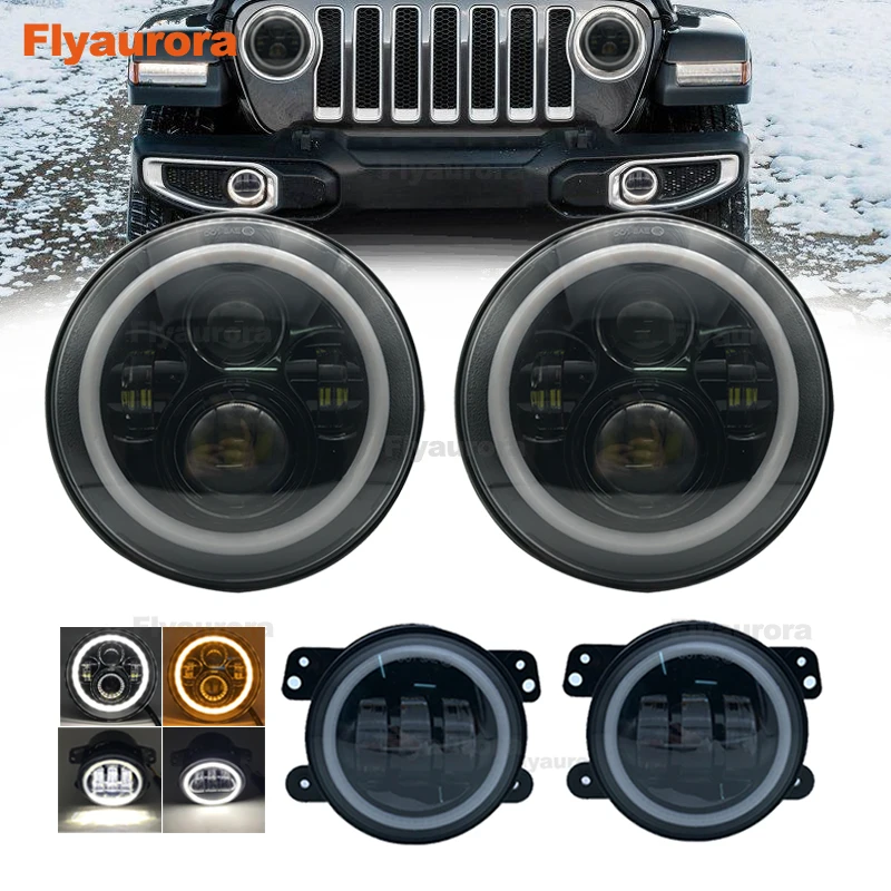 

Flyaurora 7Inch Led Headlights White Halo DRL + Pair 4Inch Front Bumper Fog Lights For 2007-2018 Jeep Wrangler JK Rubicon