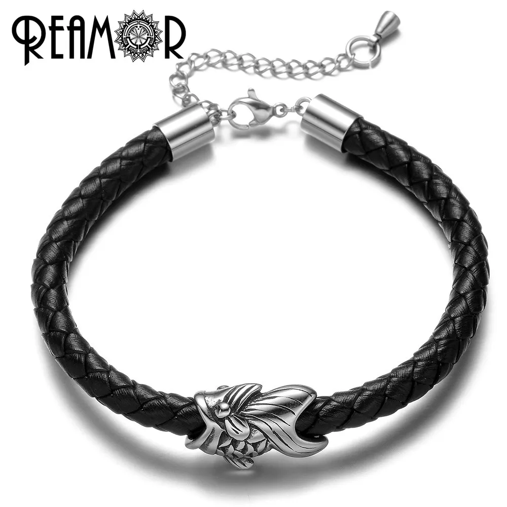 REAMOR 316L  Stainless steel Goldfish Bracelets Genuine Leather Braided Men Bracelet with Extended Chain Women Fashion Jewelry