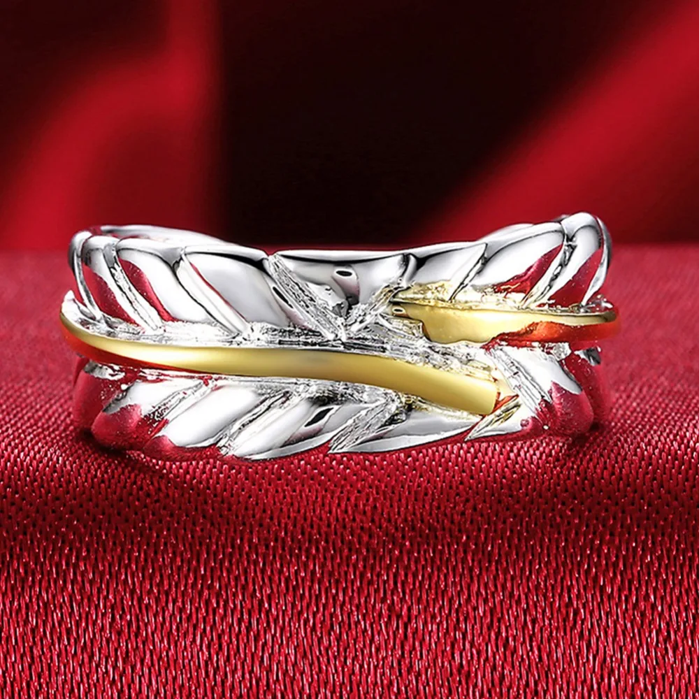 New Trendy 925 Sterling Silver Gold Feather Separation Open Rings Women Men Classic Jewelry Free Shipping