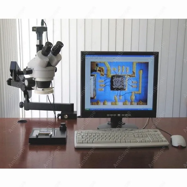 AmScope SM-6 Series ซูมกล้องจุลทรรศน์สเตอริโอ Trinocular 3.5X-90X บน Articulating Arm + Ring Light