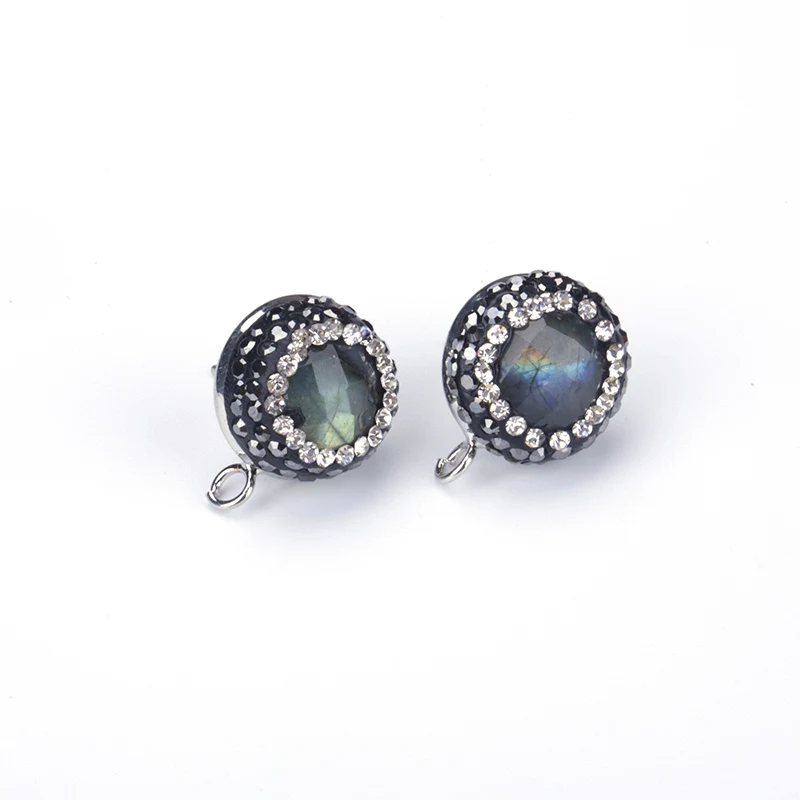 Charm Labradorite Opal Semi Precious Stone Freshwater Pearl Pave Black Rhinstone Stud for Earring With Loop Buckle DIY Material