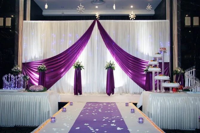 3m high x6m wideWhite Wedding backdrop with Purple swags event and party fabric beautiful wedding backdrop curtains