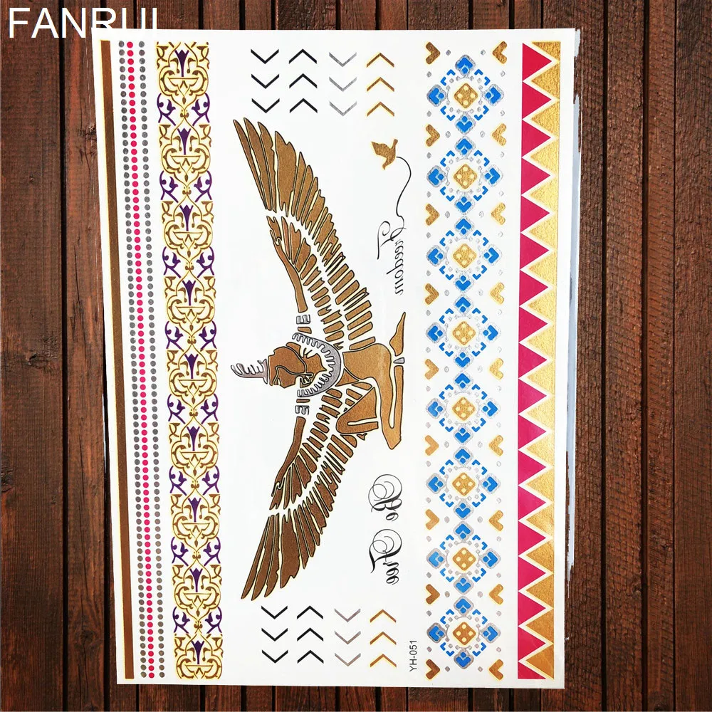 Summer Gold Metallic Temporary Tattoo Stickers Angle Eagle Bracelet Girls Waterproof Tattoo Women Arm Legs Flash Tatoos Chains