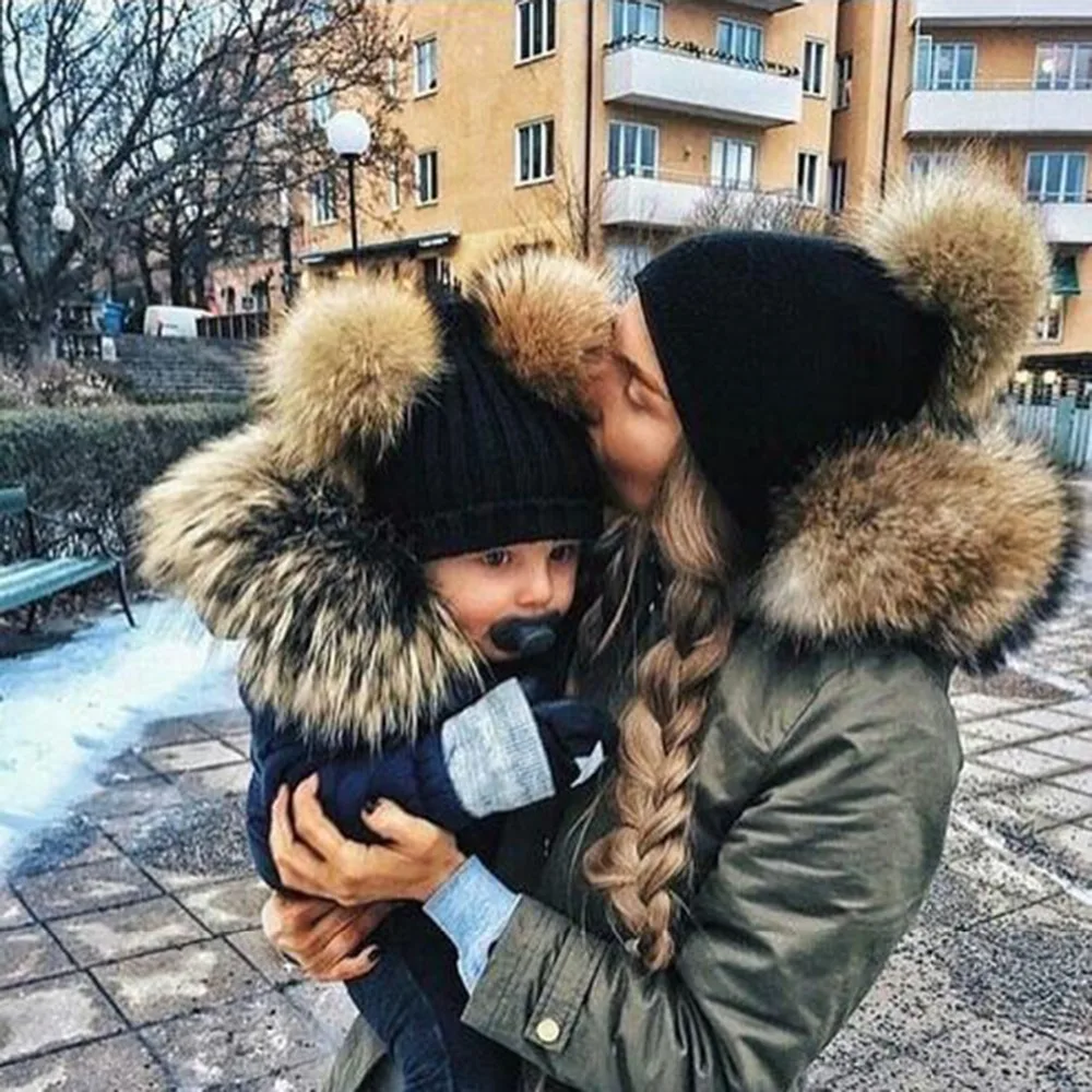 Baby Girls Boys Winter Warm Gorros Para Bebe big size 15cm faux Fur Pompom Ball Kids women Knitted Beanies Hat