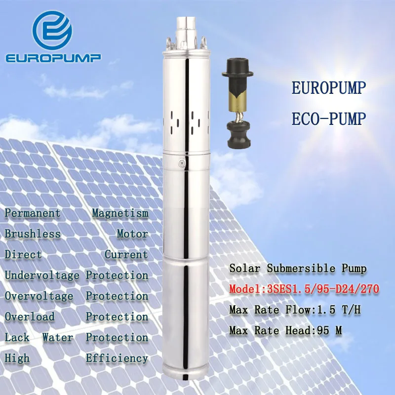 

EUROPUMP MODEL(3SES1.5/95-D24/270) solar submersible pump 2horse power with build in controller 24v dc submersible solar pump