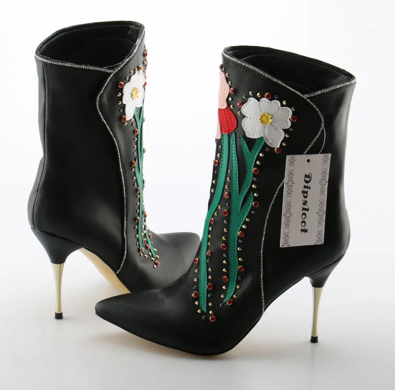 New Ladies Flower Patched Rivets Studs Ankle Boots Women Point toe Metal Plated Spike high Heels Short Bottines Shoes