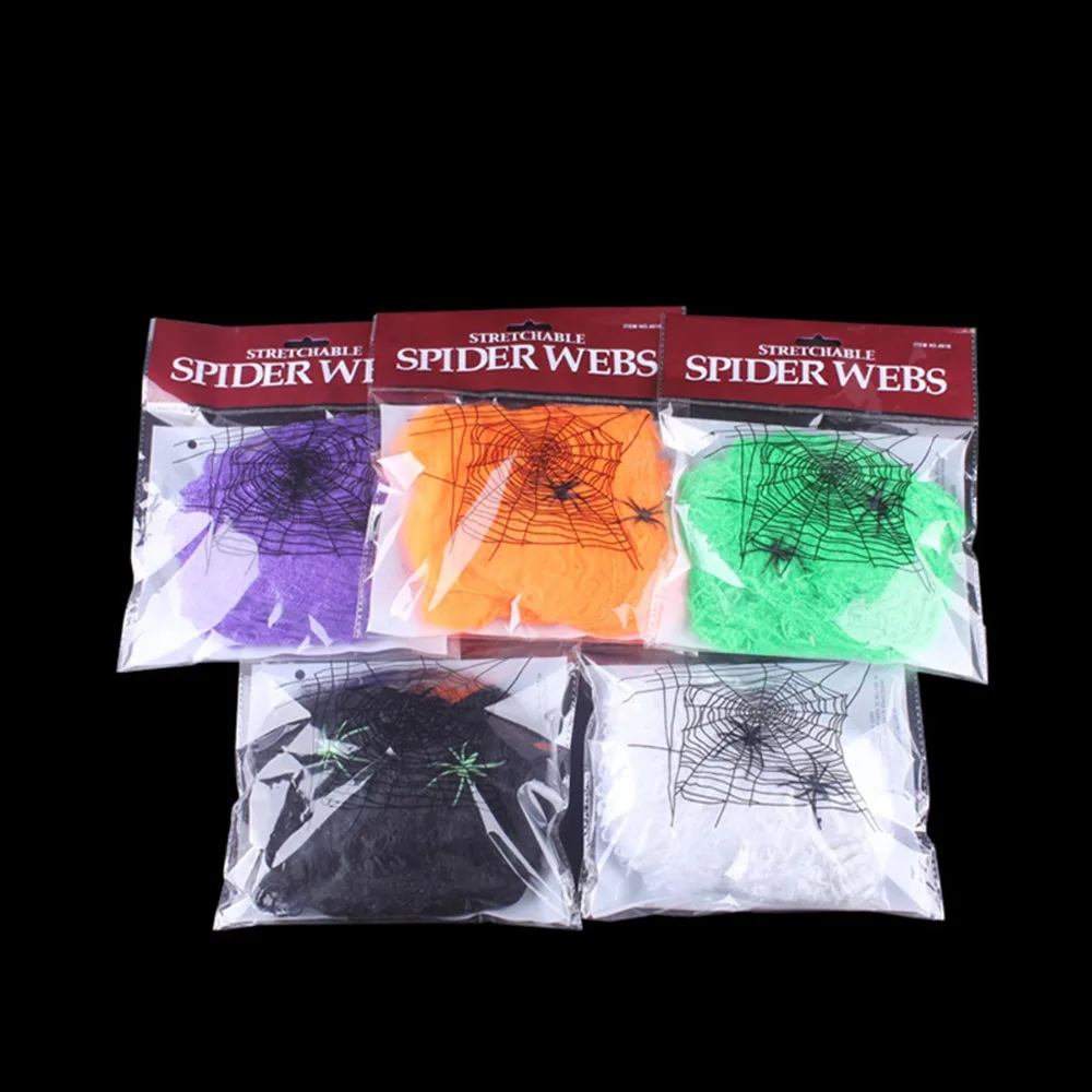 1Pc Halloween Decor Colorful Artificial Spider Web Cotton Stretch Cobwebs With Fake Spiders Scary Party Scene Horror House Props