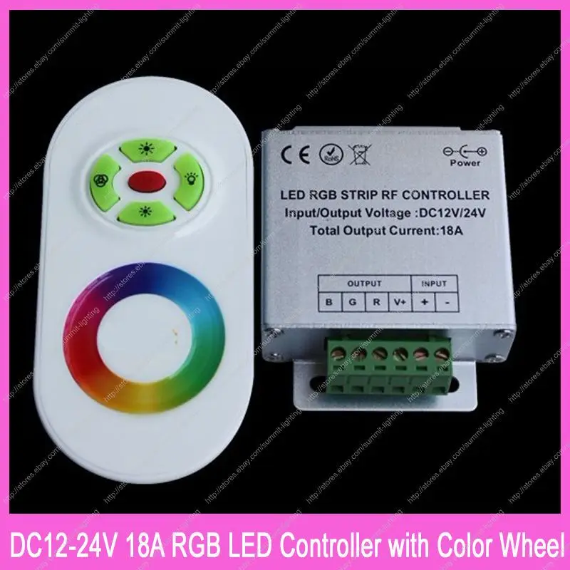 

DC12V-24V 18A RGB LED Controller Aluminum Box with RF 5 Key Half Touch Wireless Remote & Color Wheel for RGB LED Striplight