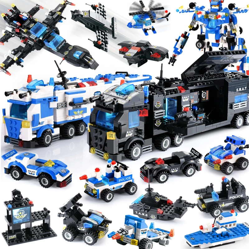 825+PCS Creative City Police Building Blocks 8 in 1/6 In 1 Robot Helicopter Police Station Figures Blocks DIY Bricks Kids Toys